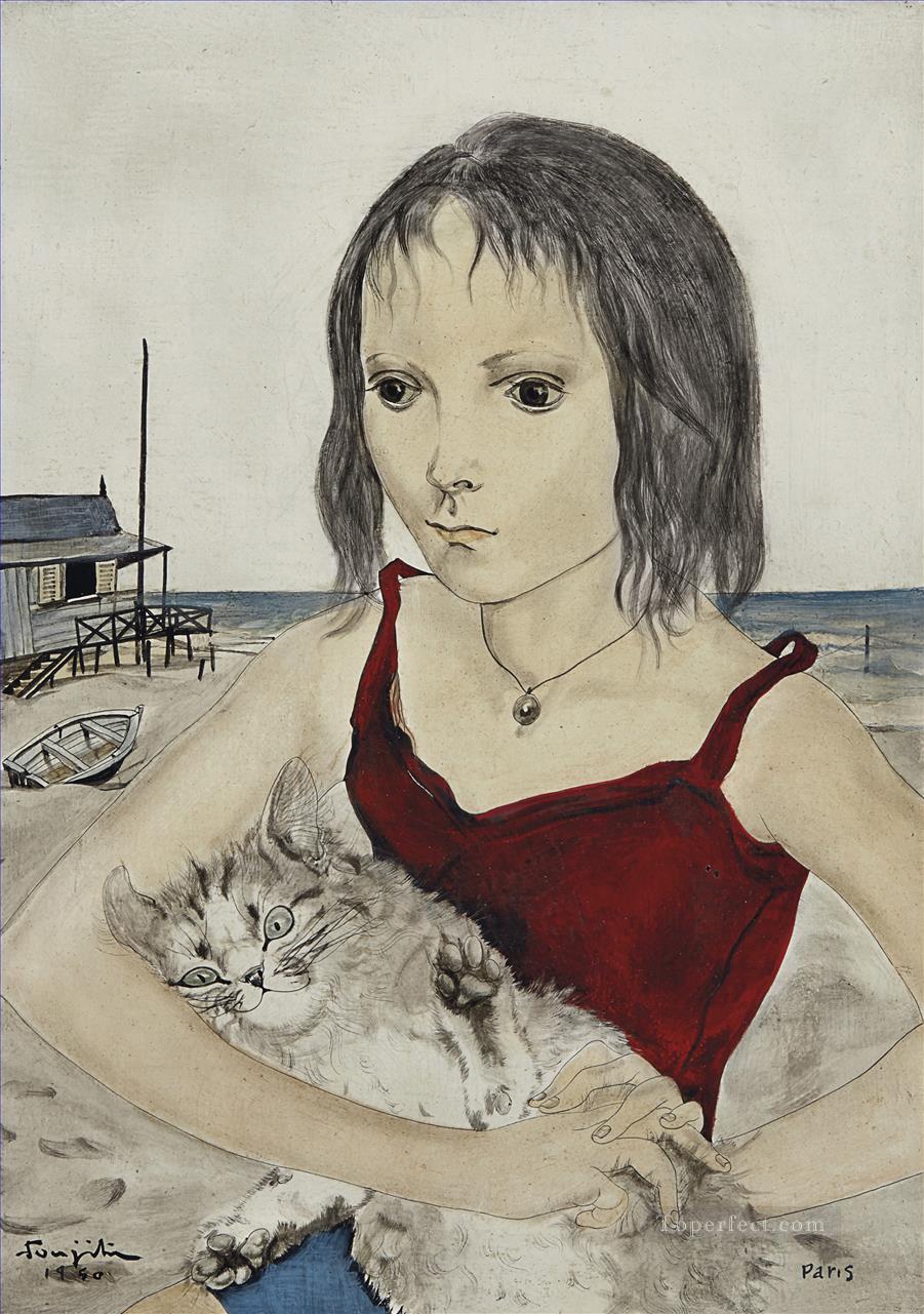 Jeune fille avec son chat sur la plage Leonard Tsuguharu Foujita Japonés Pintura al óleo